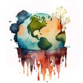 Watercolor planet earth with tree and watercolor stains on white background