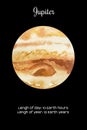 Watercolor planet Jupiter isolated on dark black background. Jupiter Illustration Royalty Free Stock Photo