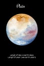 Watercolor planet Pluto isolated on dark black background. Pluto Illustration Royalty Free Stock Photo