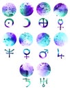 Watercolor planet symbols Royalty Free Stock Photo