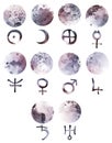 Watercolor planet symbols Royalty Free Stock Photo