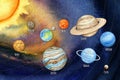 Watercolor planets of the solar system. Outer Space planet Mercury Venus Earth Mars Jupiter Saturn Uranus Neptune Pluto Royalty Free Stock Photo