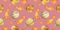 Watercolor planets, stars and yellow comets, seamless pattern, banner on a light pink background