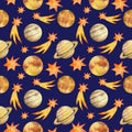 Watercolor planets, stars and yellow comets, seamless pattern, banner on dark blue background