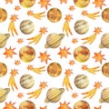 Watercolor planets, stars and yellow comets, seamless pattern, banner on white background