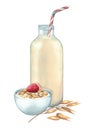 Watercolor plant based milk in the glass bottle with the tube and the bowl of oats with milk and strawberry.