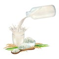 Watercolor plant based milk pouring from the glass bottle into the cup with a splash of rice