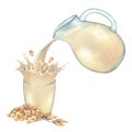 Watercolor plant based milk pouring from the glass jug into the cup with a splash of oats and decorated with cereals Royalty Free Stock Photo