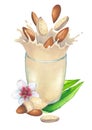 Watercolor plant based milk splashing out of the glass decorated with the almonds, flowers and leaves.