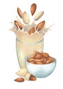 Watercolor plant based milk splashing out of the glass decorated with the almonds.