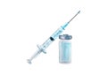 Watercolor plastic medical syringe with medicine, glass medical ampoule vial for injection