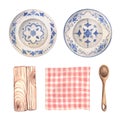 Watercolor plates, spoon and other kitchen items.