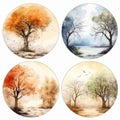 Watercolor Plates With Trees And Birds: Realistic Landscapes Of Memory