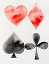 Watercolor of playing cards symbols. Diamonds, hearts, clubs, peaks. Symbols of cards, watercolor drawing, design elements.