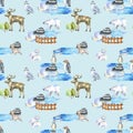 Watercolor polar animals at the zoo seamless pattern