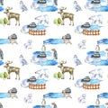 Watercolor polar animals at the zoo seamless pattern