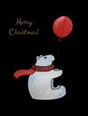 Watercolor polar bear with red scarf and balloon. New Year card.