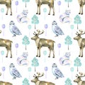 Watercolor polar deers, arctic foxes and owls in the forest seamless pattern