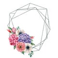 Watercolor polygonal frame with anemone, tulip and hydrangea. Hand drawn label with hydrangea, anemone, tulip, leaves