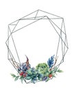 Watercolor polygonal frame with eucalyptus and succulents. Hand drawn modern floral label with eucalyptus leaves and