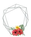 Watercolor polygonal frame with hibidcus bouquet. Hand drawn modern floral label with palm leaves and branches, plumeria