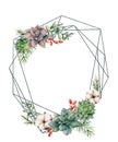 Watercolor polygonal frame with succulents and eucalyptus. Hand drawn modern floral label with eucalyptus leaves and