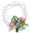 Watercolor polygonal frame with toucan and flowers bouquet. Hand painted bird, protea, plumeria isolated on white Royalty Free Stock Photo