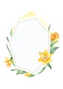 Watercolor polygonal golden frame with flowers and daffodil leaves