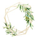 Watercolor polygonal golden frame with olive tree branch, green olives and leaves. Hand drawn floral label isolated on