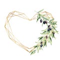 Watercolor polygonal golden heart with black olives and branches. Hand drawn frame with leaves and berries isolated on