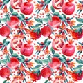 Watercolor pomegranate bloom branches and fruit seamless pattern Royalty Free Stock Photo