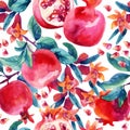 Watercolor pomegranate bloom branches and fruit seamless pattern