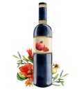 Watercolor pomegranate red wine bottle with fruits, pieces, branches and flowers illustration isolated on white Royalty Free Stock Photo