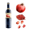 Watercolor pomegranate red wine bottle with fruits, pieces and seeds illustration isolated on white background Royalty Free Stock Photo