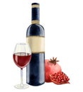 Watercolor pomegranate red wine bottle and glass with whole fruit and slice illustration isolated on white for winery Royalty Free Stock Photo