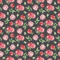 Watercolor pomegranate seamless pattern. Beautiful Botanical texture leaves and branches with fruit. Bright summer wallpaper desig