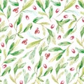 Watercolor pomegranate seamless pattern. Greenery botanical texture leaves and branches with fruit. Bright summer wallpaper design