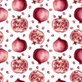 Watercolor pomegranate seamless pattern. Hand painted garnet fruit, berries and slice isolated on white background Royalty Free Stock Photo