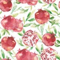 Watercolor pomegranate seamless pattern. Spring botanical texture leaves and branches with fruit. Bright summer wallpaper design,