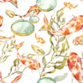 Koi carp, underwater plants seamless pattern