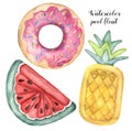 Watercolor pool floats set. Hand painted air toy isolated on white background. Donut, pineapple and watermelon toys