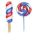 Watercolor popcicle ice cream and lollypop candy in the colors of the USA flag. For sweet american patriotic design Royalty Free Stock Photo