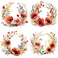 watercolor poppies adorn this charming set of round frames, each intricately painted