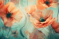 Watercolor poppies, floral illustration, orange flowers on aquamarine background. Colorful abstract design backdrop.