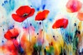 Watercolor poppies flowers background, abstract floral pattern