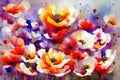 Watercolor poppies flowers background, abstract floral pattern