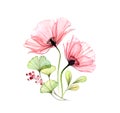 Watercolor Poppy bouquet. Two pink flowers with leaves and berries isolated on white. Hand painted artwork with detailed