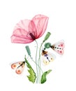 Watercolor poppy flower with moth. Big transparent pink flower with three colorful butterflies. Hand painted print ready