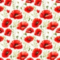 Watercolor poppy flowers seamless pattern background