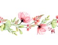 Watercolor Poppy seamless border. Horizontal repetitive pattern. Abstract pink flowers with leaves and fresia branches